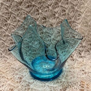 Vintage Viking Blue Glass Handkerchief Bowl Dish MCM Pontil Mark On Base